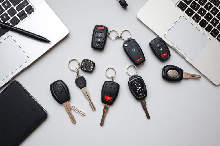 Different car key types laid out for a guide about smart key replacement guide